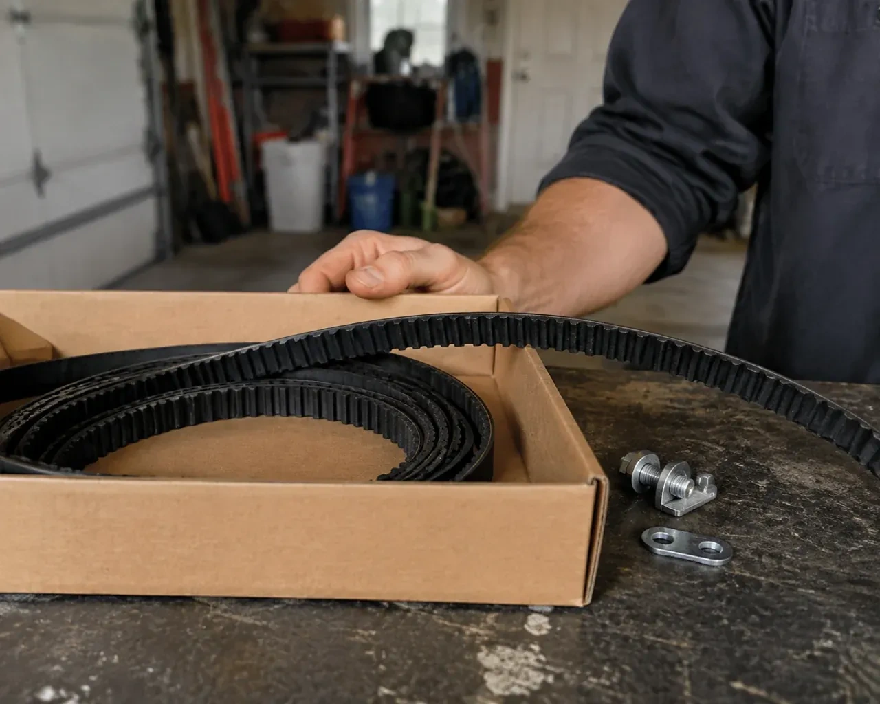 A toothed black drive belt lies in an open cardboard box beside small metal fittings on a garage workbench. — Belt-Drive Opener Repair, London