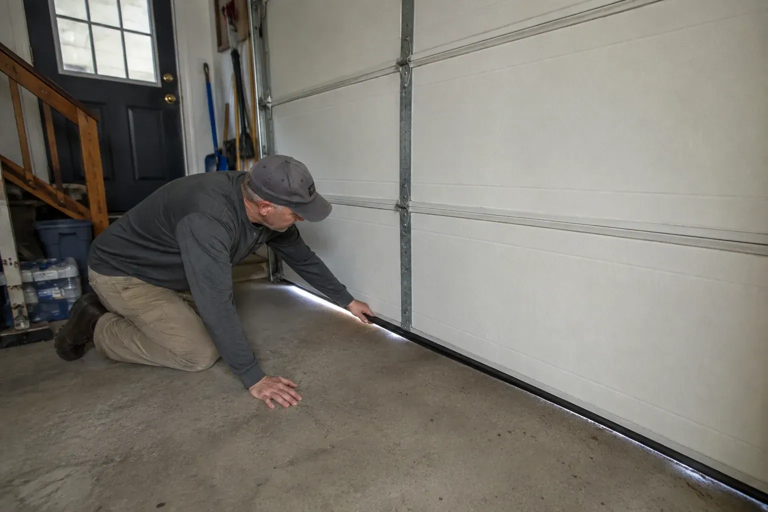 A person kneels beside the black bottom seal of a garage door, with daylight visible beneath the edge. — Garage Door Bottom Seal Replacement, London