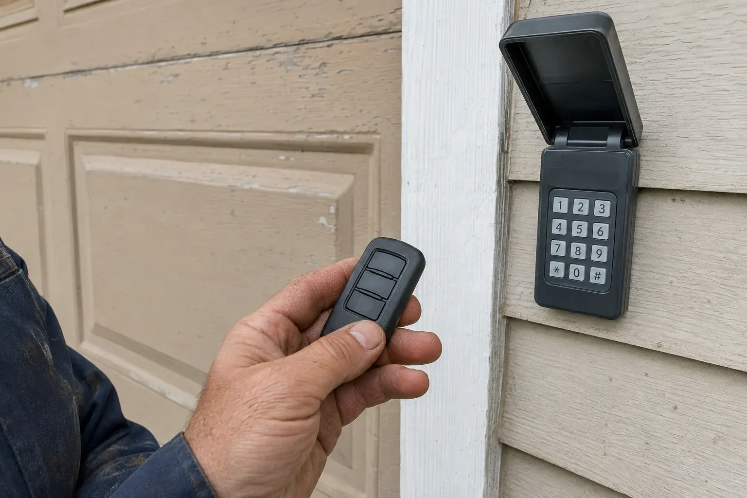 A hand holds a three-button remote beside an exterior garage keypad with its cover open. — Garage Door Remote and Keypad Programming, London
