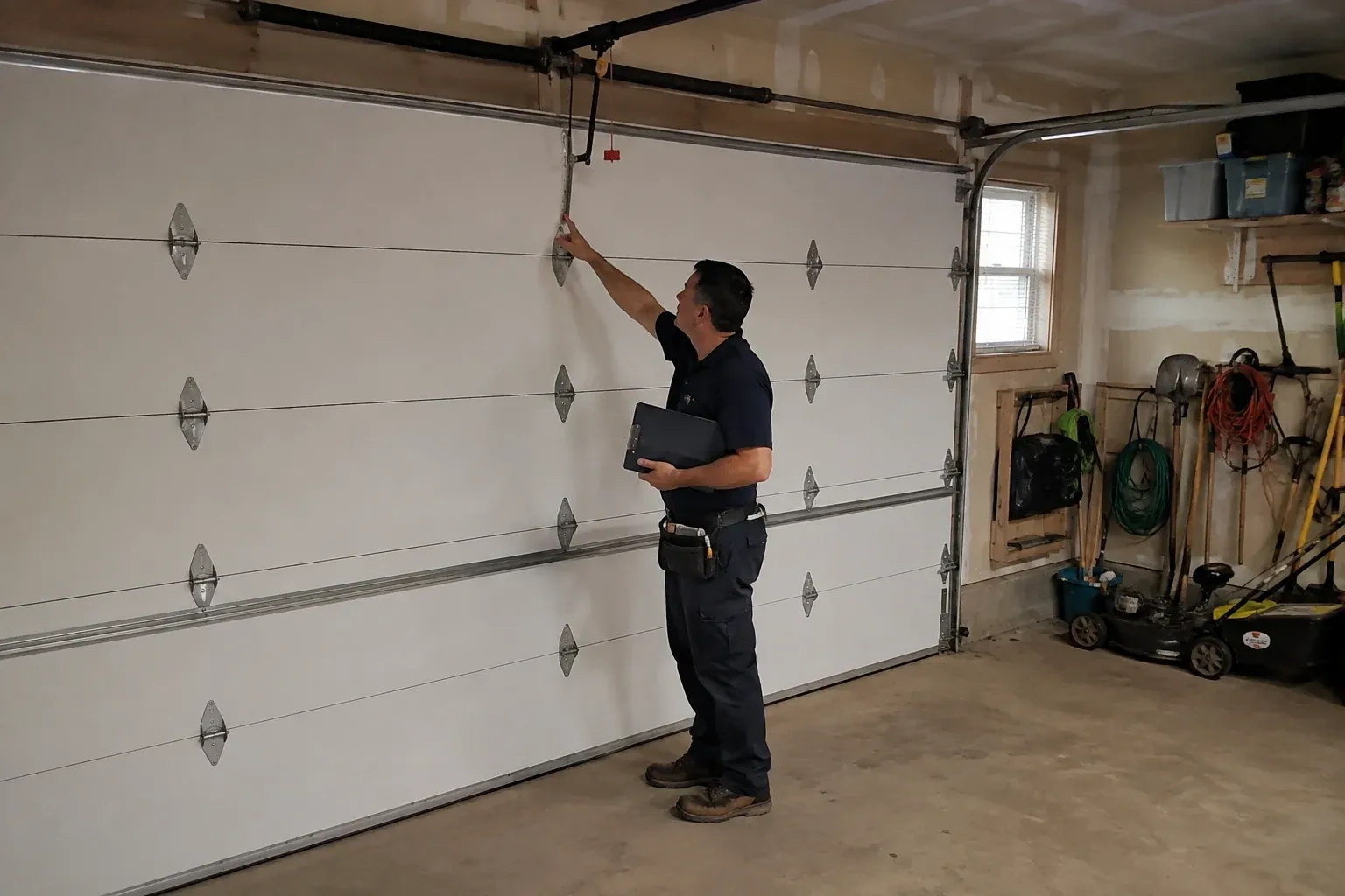 A person holding a clipboard examines the interior hardware of a closed garage door. — Garage Door Tune-Up, London