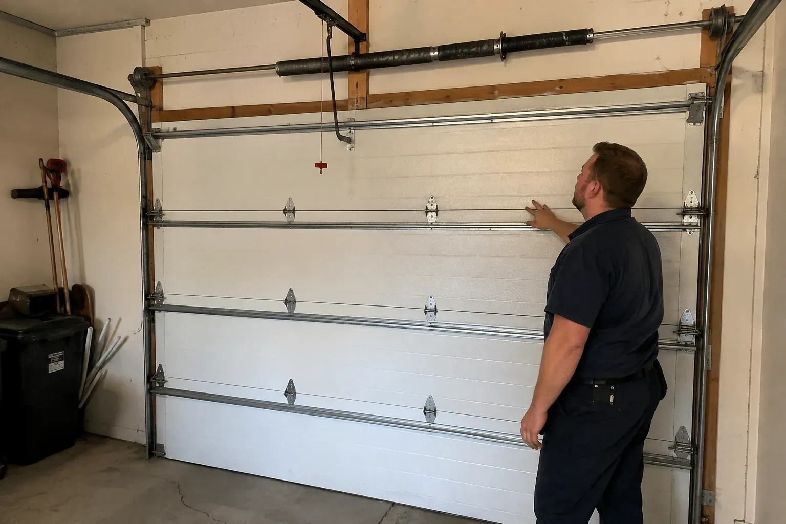 A person stands beside a closed sectional door beneath its overhead spring assembly. — Garage Door Balance Adjustment, London