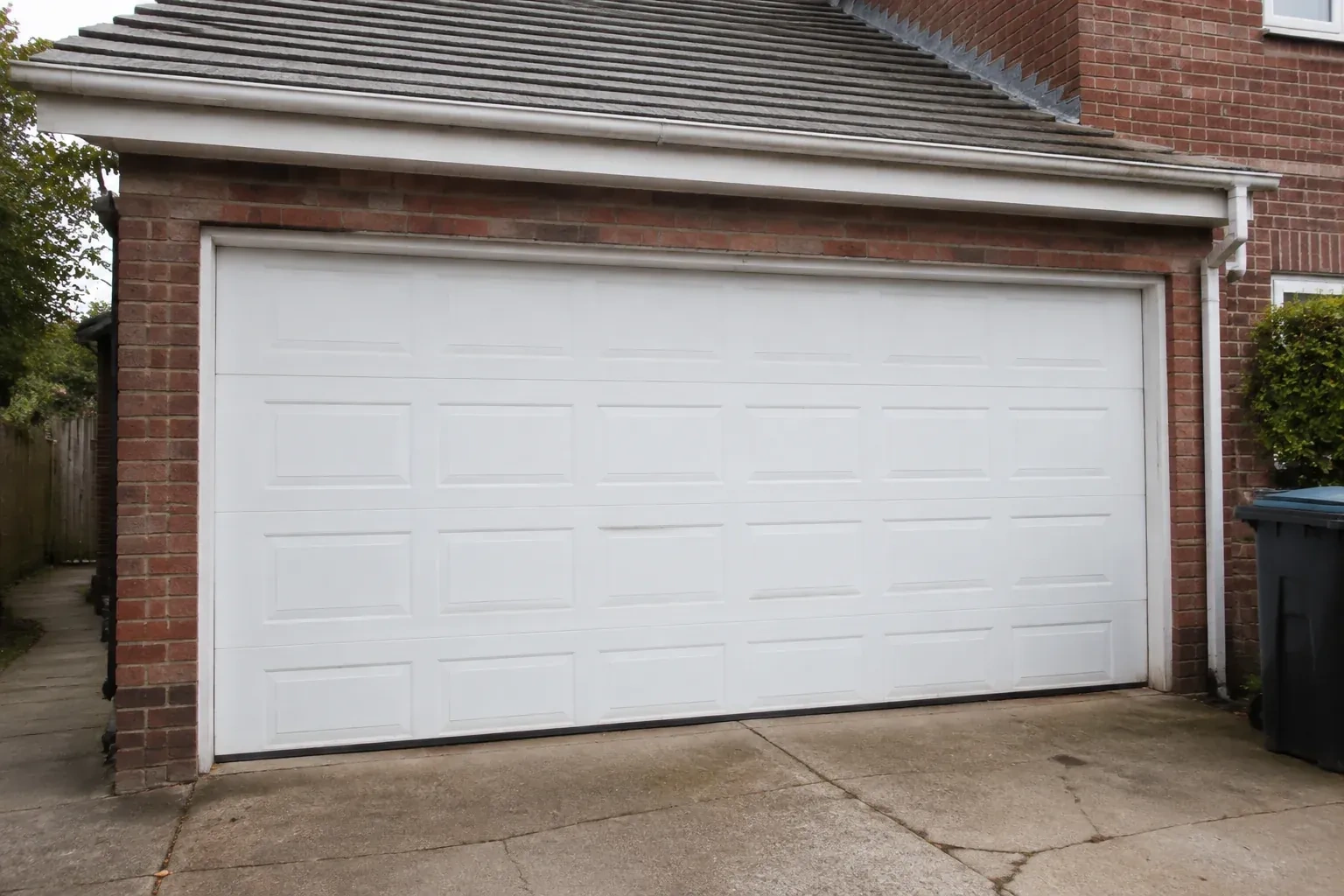 Closed white sectional garage door at an ordinary brick house. — Sectional Garage Door Replacement, London
