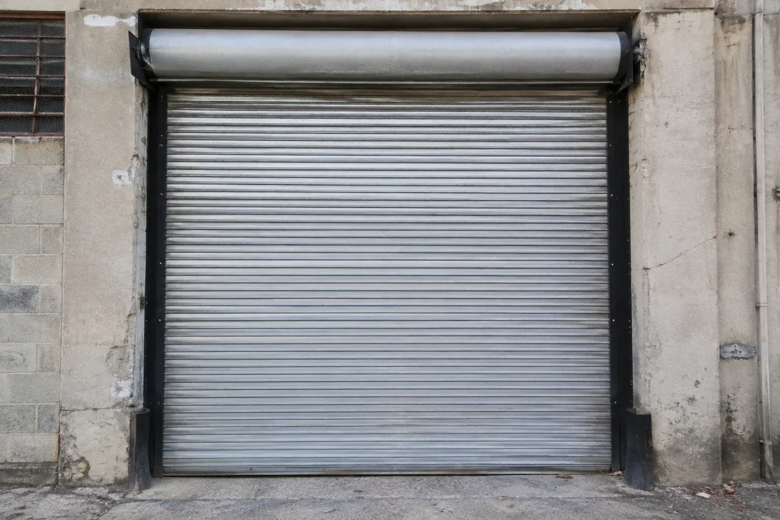 Closed metal rolling shutter in a weathered warehouse opening. — Commercial Rolling Door Repair, London