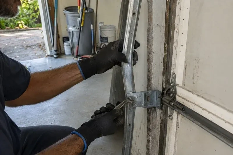 Gloved hands holding a vertical garage-door track and a wrench at its mounting bracket beside a door hinge. — Garage Door Track Repair or Replacement, London