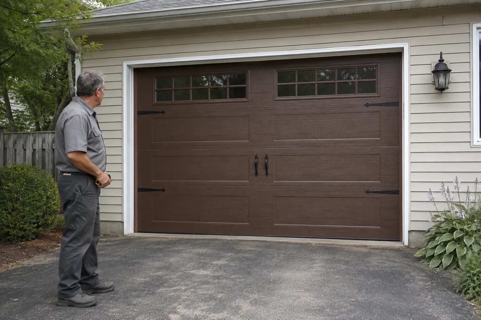A person stands beside a closed brown garage door with upper windows and black decorative straps and handles. — Carriage-House Garage Door Installation, London