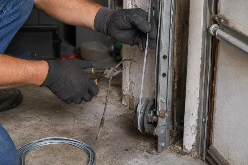Gloved hands holding a bright cable and pliers gripping a frayed cable beside a garage-door track and pulley. — Garage Door Cable Replacement, London