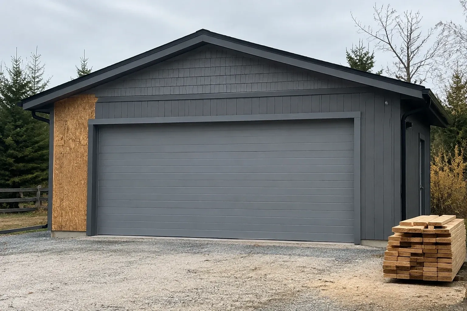 Closed grey garage door on a partly finished building beside stacked lumber. — New-Construction Garage Door Installation, London