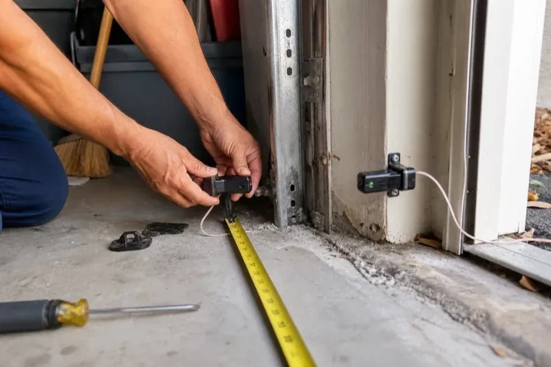 Hands holding a small wired device beside another mounted device and a tape measure at a garage-door opening — Photo-Eye Sensor Alignment or Replacement, London
