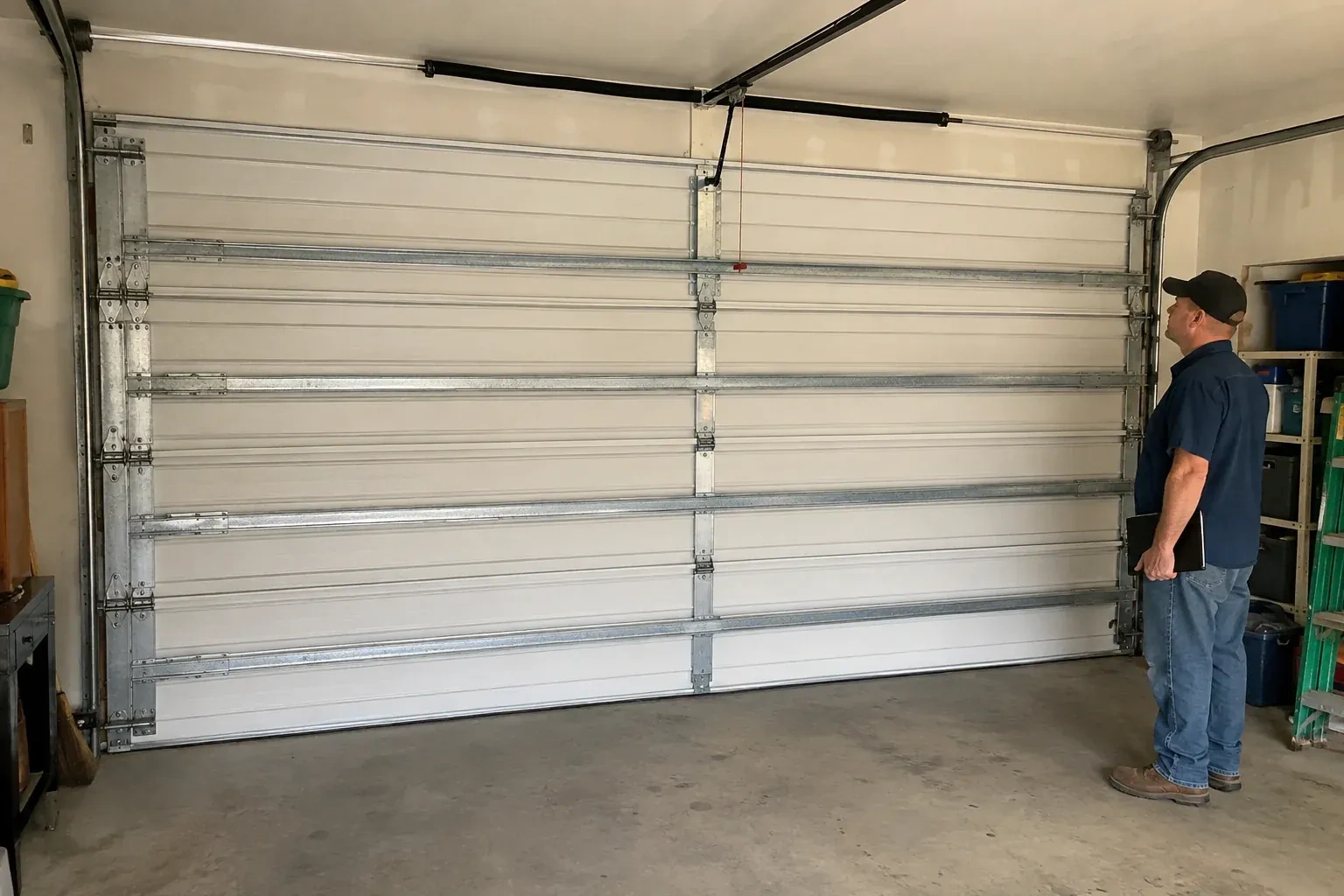 A person examines horizontal metal reinforcement members across the interior of a closed garage door. — Wind-Rated Garage Door Replacement, London