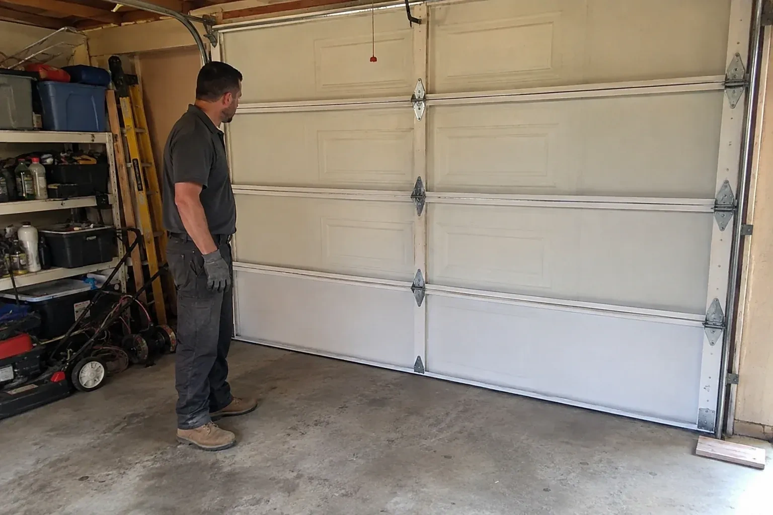 A person examines the interior panels and hinges of a closed sectional garage door. — Garage Door Panel Replacement, London