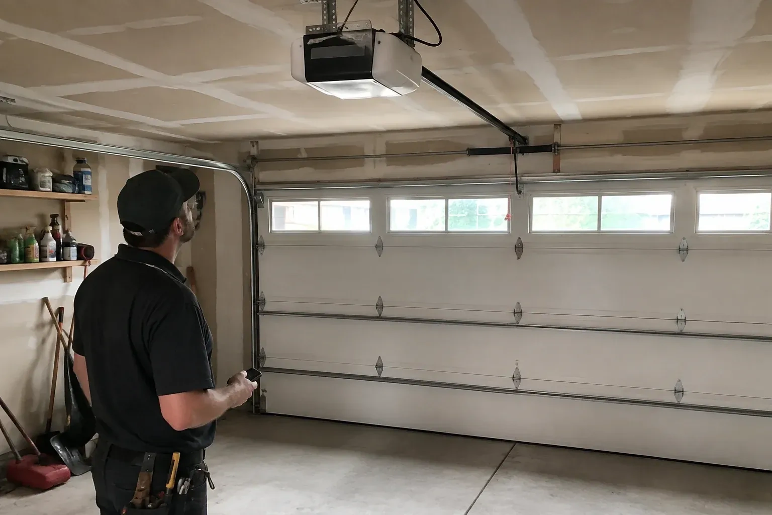 A person looks at an overhead opener above a closed garage door with a row of windows. — Garage Door Opener Replacement, London