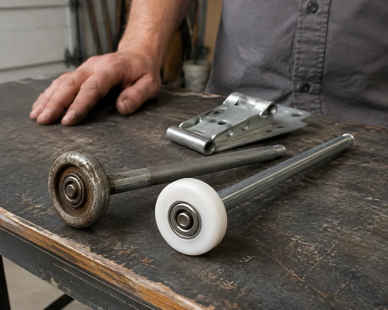Steel and nylon garage-door rollers with long stems lie beside a detached hinge on a workbench. — Garage Door Roller Replacement, London