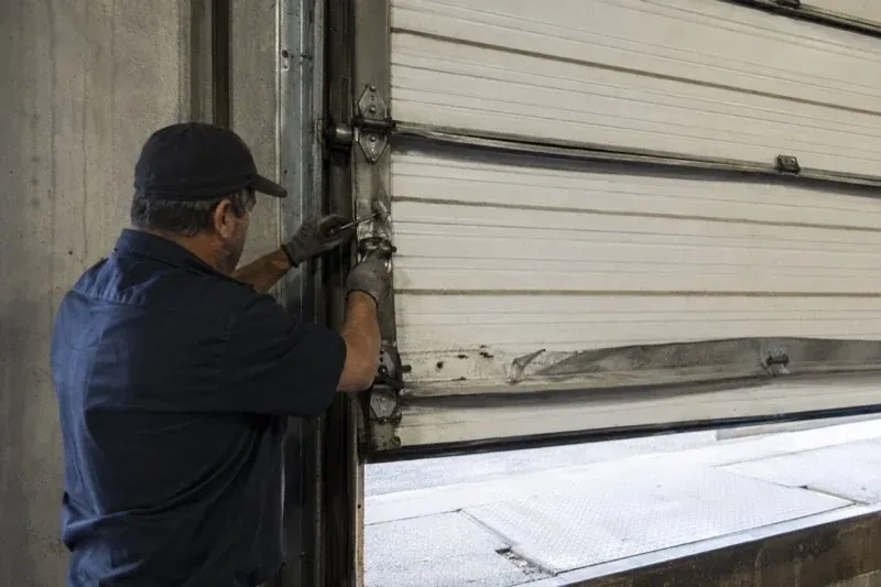 Person holding tools at the side hinge of a partly raised industrial sectional door — Commercial Sectional Door Repair, London