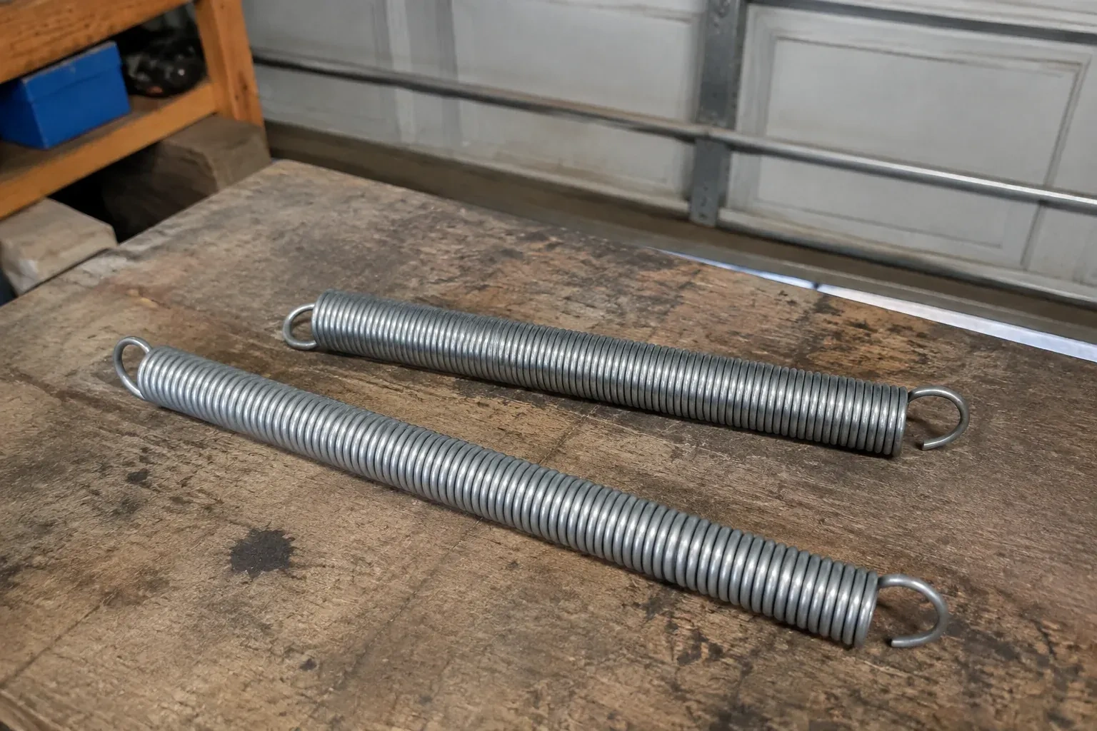 Two detached extension springs with hooked ends on a garage bench. — Extension Spring Replacement, London