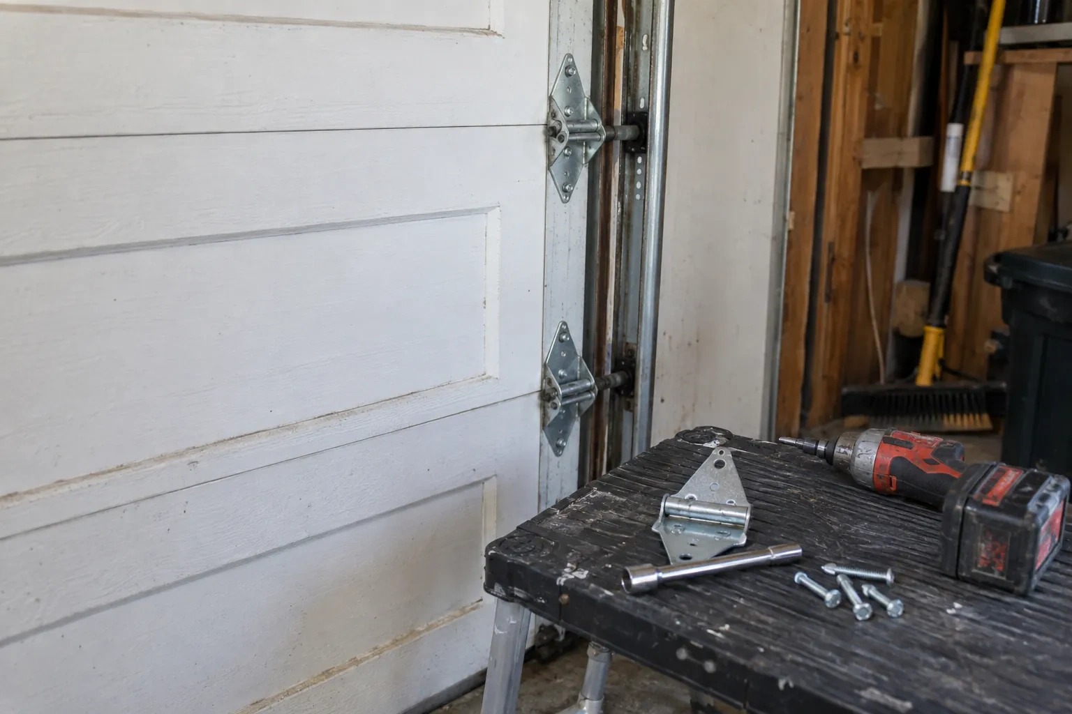 Two metal hinges on the edge of a white paneled door, with a spare hinge, screws and a drill on a bench. — Dorchester